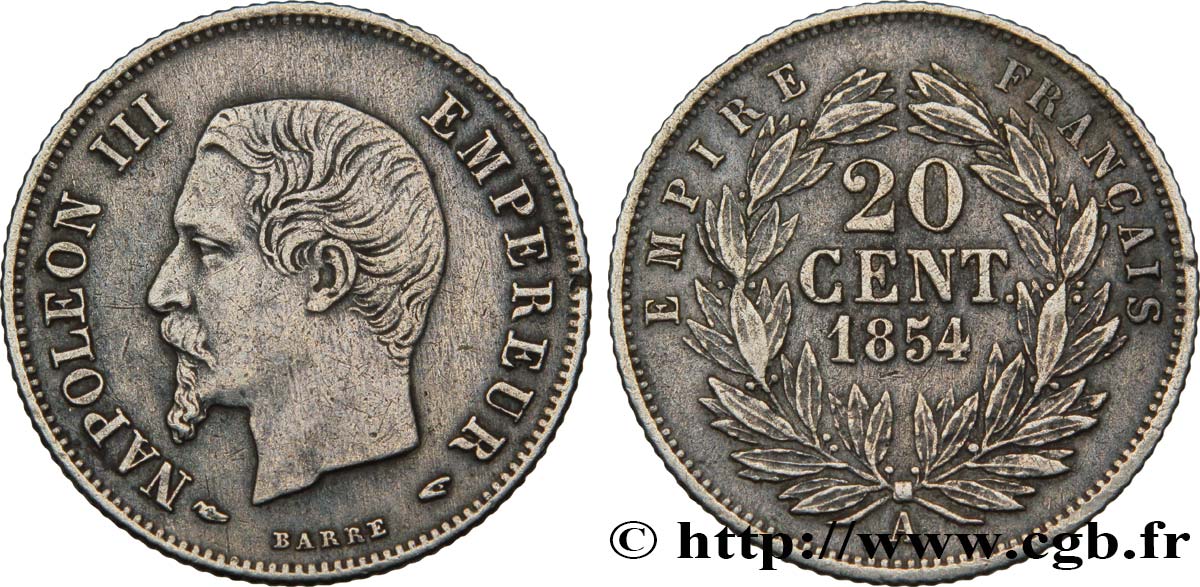 20 centimes Napoléon III, tête nue 1854 Paris F.148/2 TTB45 