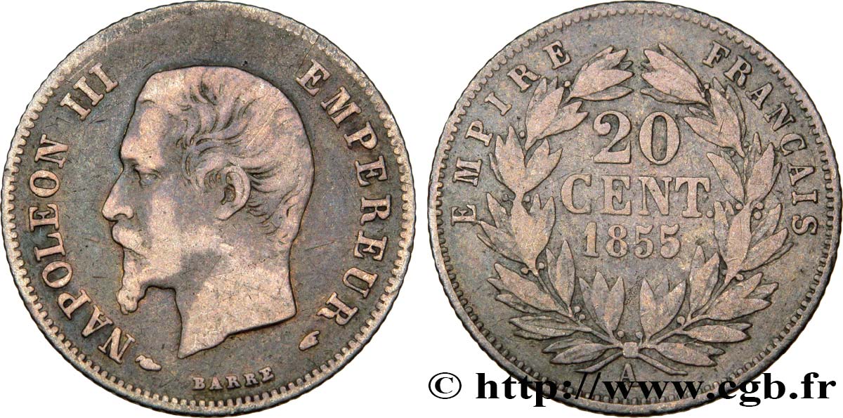 20 centimes Napoléon III, tête nue 1855 Paris F.148/3 TB20 