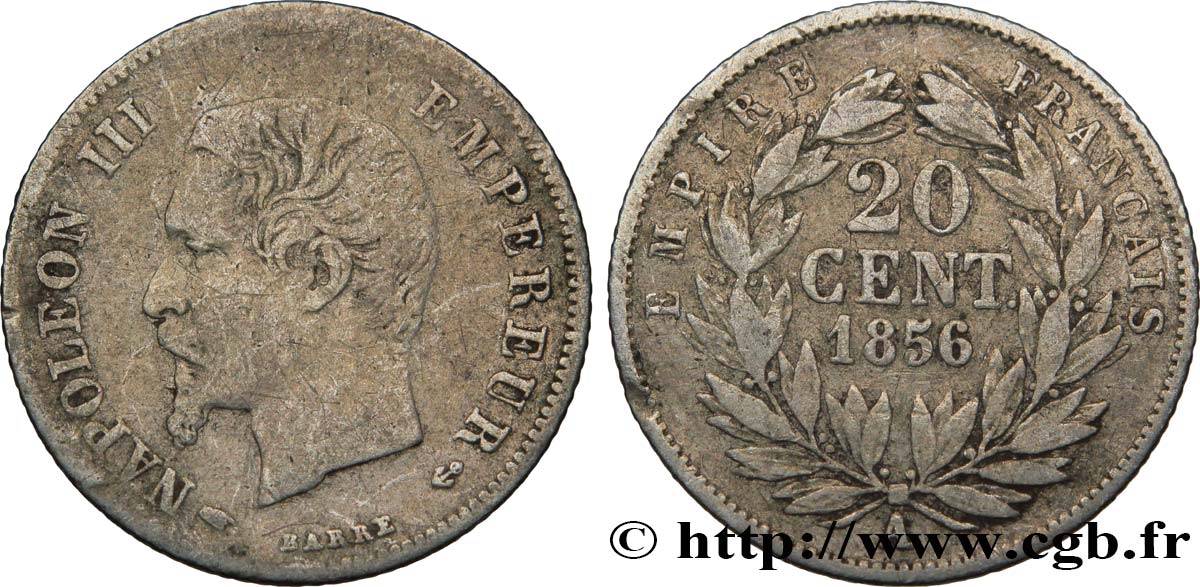 20 centimes Napoléon III, tête nue 1856 Paris F.148/4 VF30 