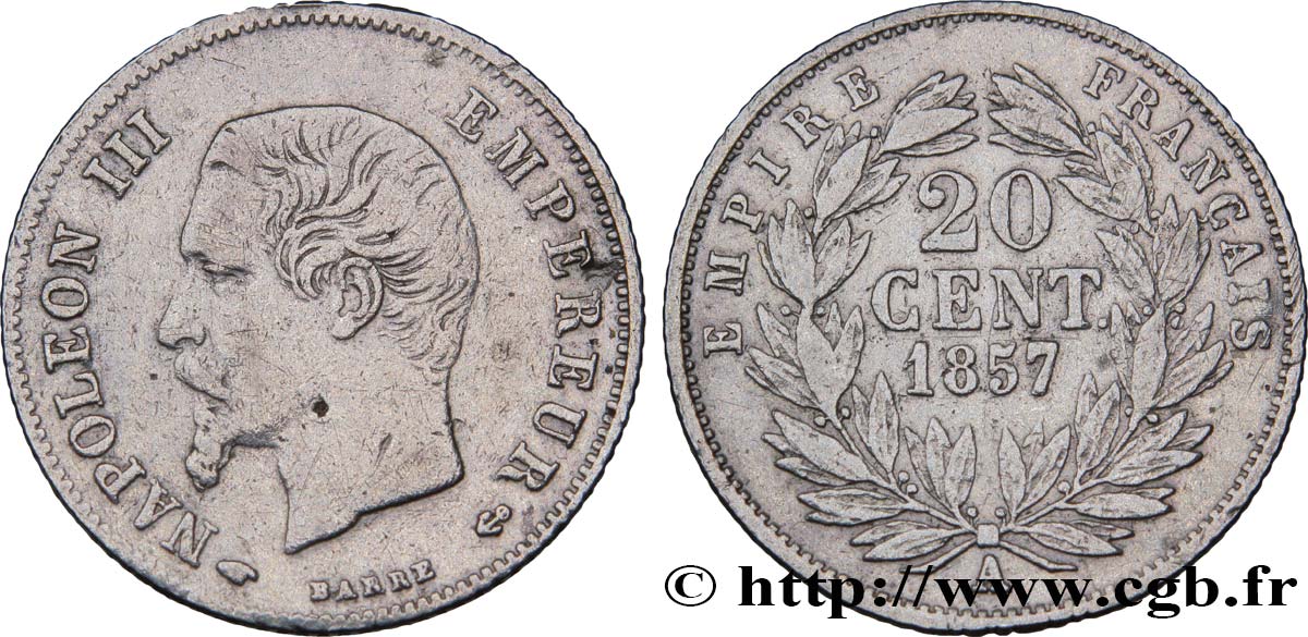 20 centimes Napoléon III, tête nue 1857 Paris F.148/7 XF40 