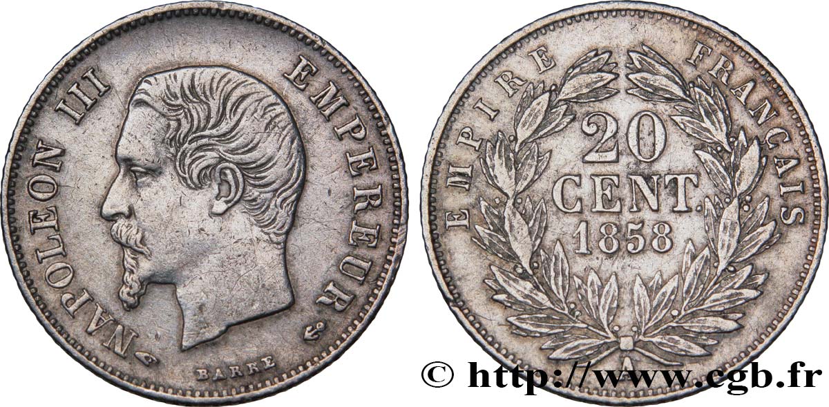 20 centimes Napoléon III, tête nue 1858 Paris F.148/10 XF45 