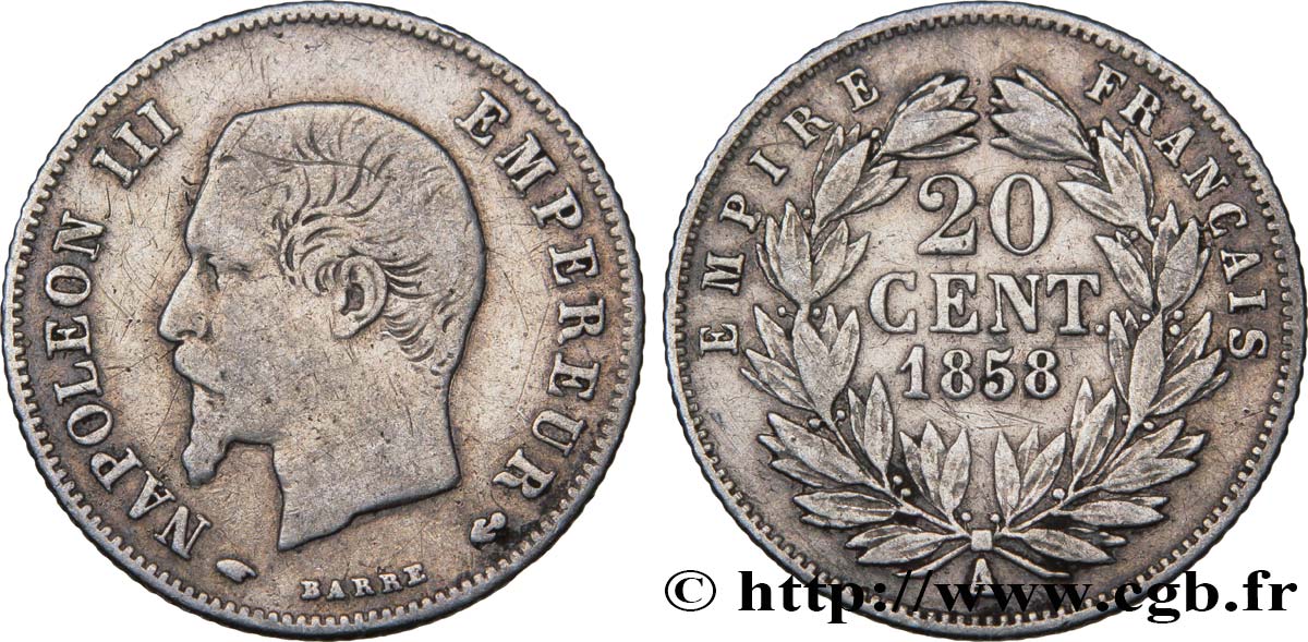 20 centimes Napoléon III, tête nue 1858 Paris F.148/10 TB25 