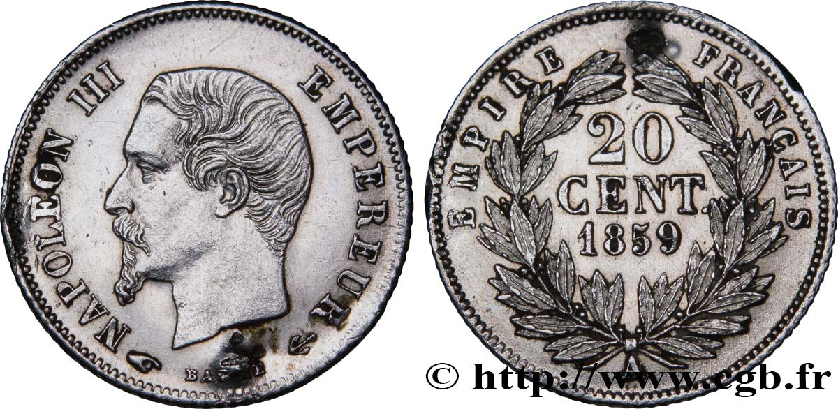 20 centimes Napoléon III, tête nue 1859 Paris F.148/12 TTB 