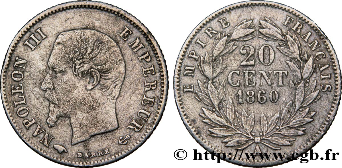 20 centimes Napoléon III, tête nue 1860 Paris F.148/13 TB35 