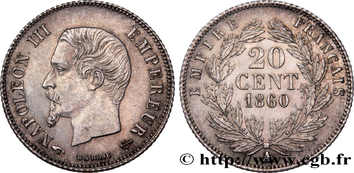 20 centimes Napoléon III, tête nue 1860 Paris F.148/14 AU55 