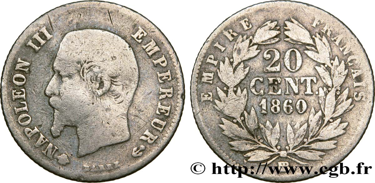 20 centimes Napoléon III, tête nue 1860 Strasbourg F.148/15 F18 