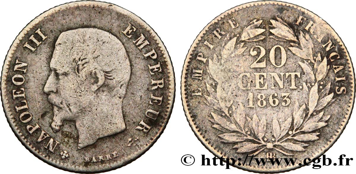 20 centimes Napoléon III, tête nue 1863 Strasbourg F.148/18 B12 