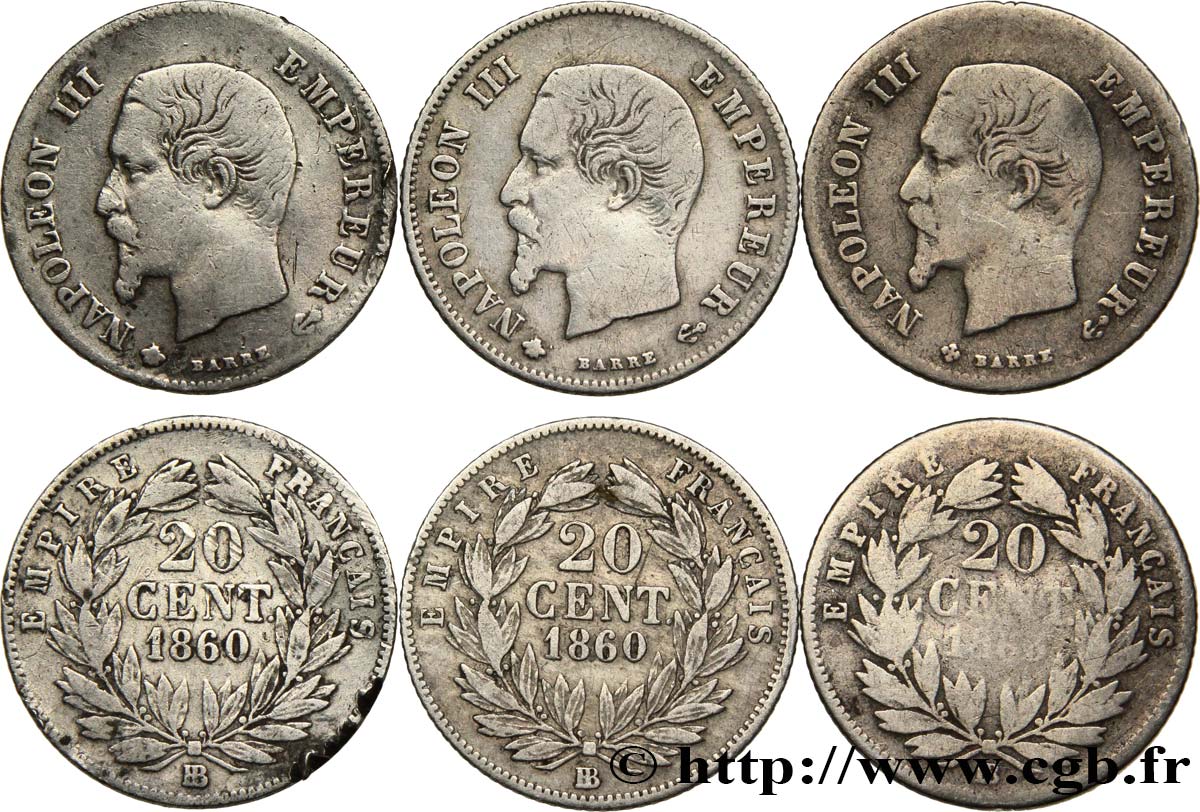 Lot de trois pièces de 20 centimes Napoléon III, tête nue n.d. n.l. F.148/- B/TB+ 
