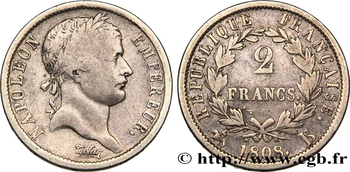 2 francs Napoléon Ier tête laurée, République française 1808 Rouen F.254/5 VF25 