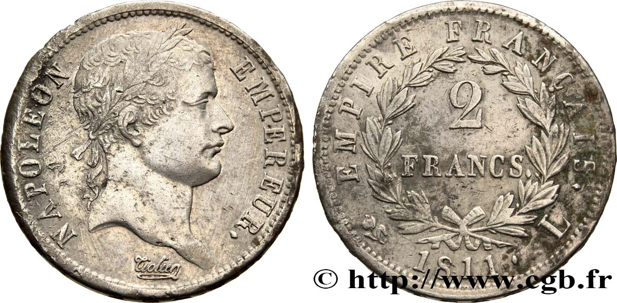 2 francs Napoléon Ier tête laurée, Empire français 1811 Bayonne F.255/31 SS45 