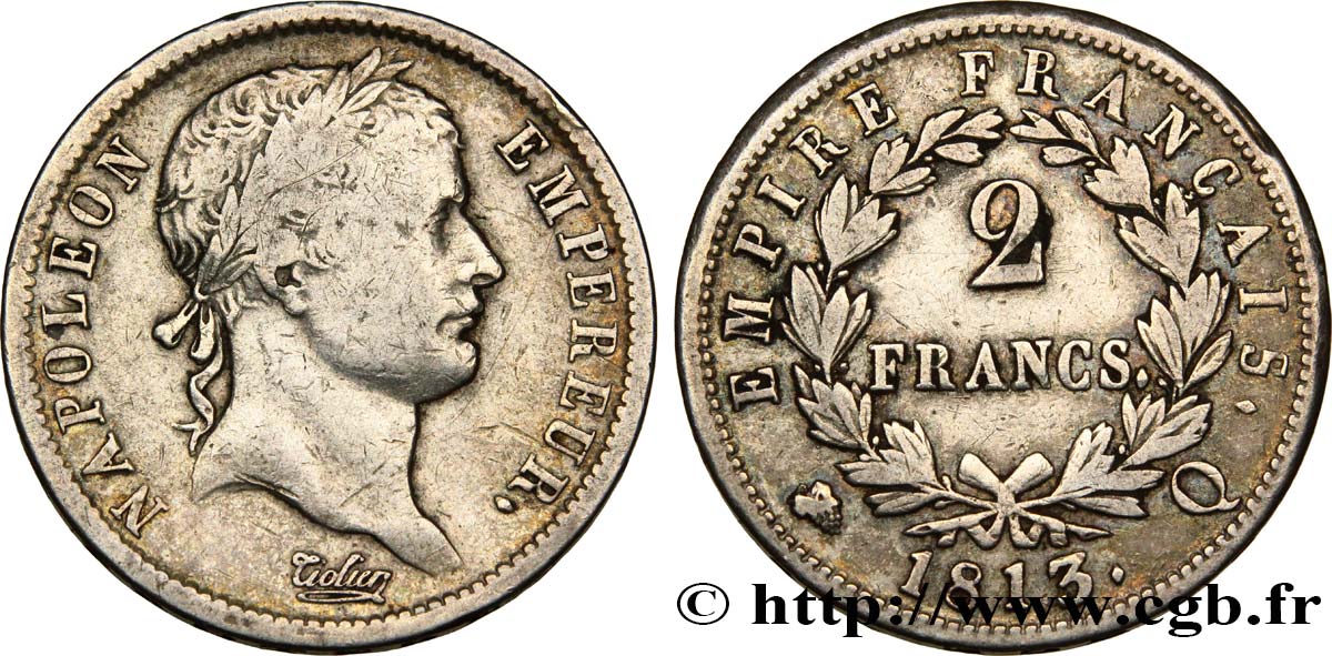 2 francs Napoléon Ier tête laurée, Empire français 1813 Perpignan F.255/62 TB30 