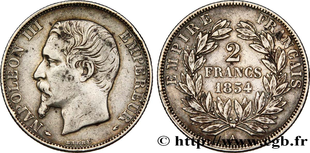 2 francs Napoléon III, tête nue 1854 Paris F.262/2 MBC48 