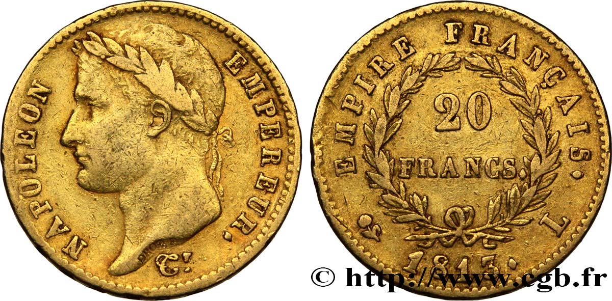 20 francs or Napoléon tête laurée, Empire français 1813 Bayonne F.516/33 XF45 