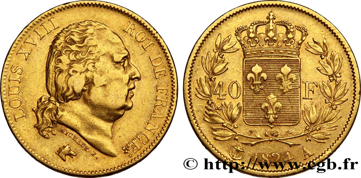 40 francs or Louis XVIII 1824 Paris F.542/15 XF45 