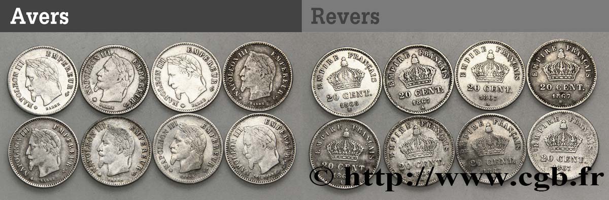 Série complète de 20 centimes Napoléon III, tête laurée, grand module - - F.150/- S/SS 