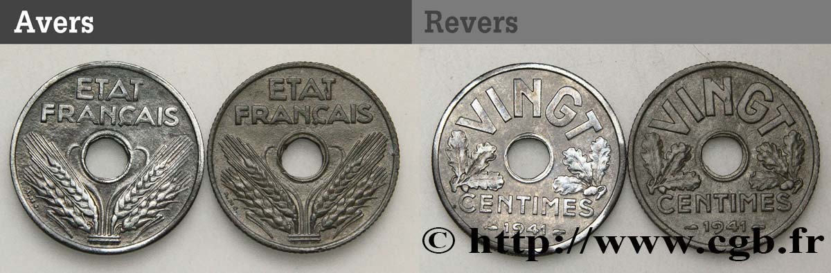 Lot de deux pièces de VINGT centimes État français 1941  F.152/- TTB 