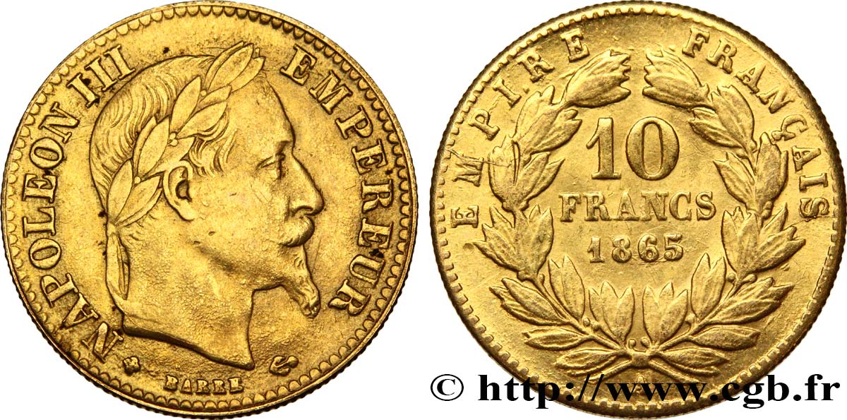 Faux de 10 francs or Napoléon III, tête laurée 1865 Paris F.507A/9 var. AU58 
