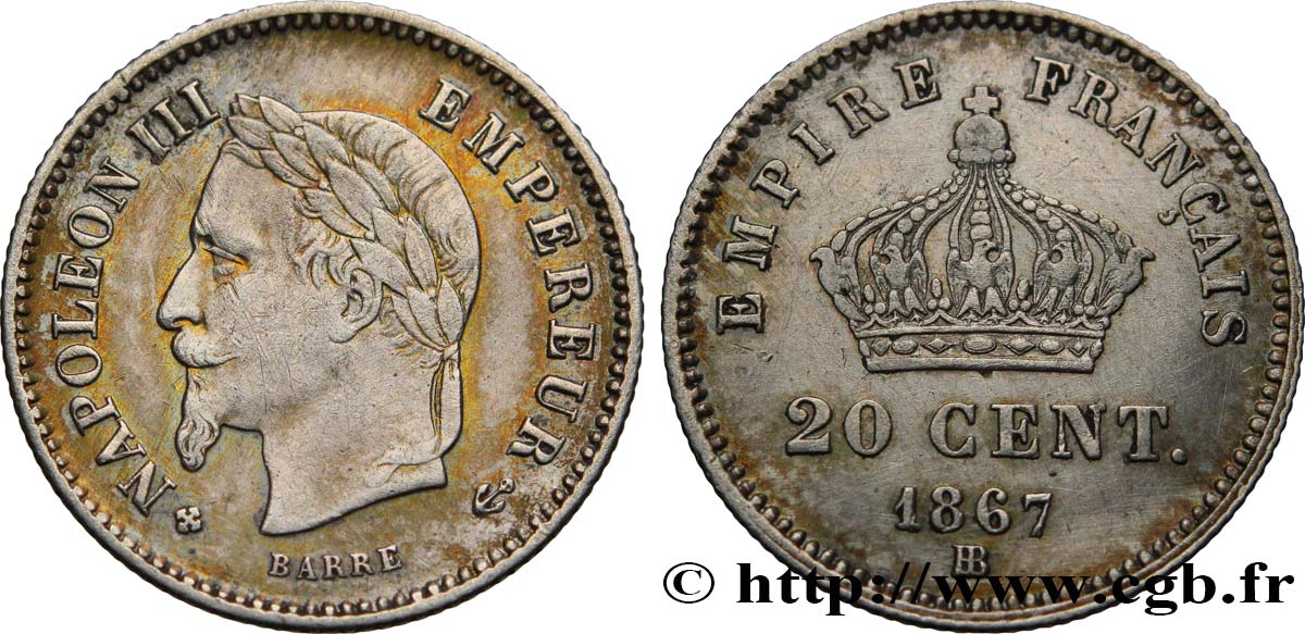 20 centimes Napoléon III, tête laurée, grand module 1867 Strasbourg F.150/2 TTB48 