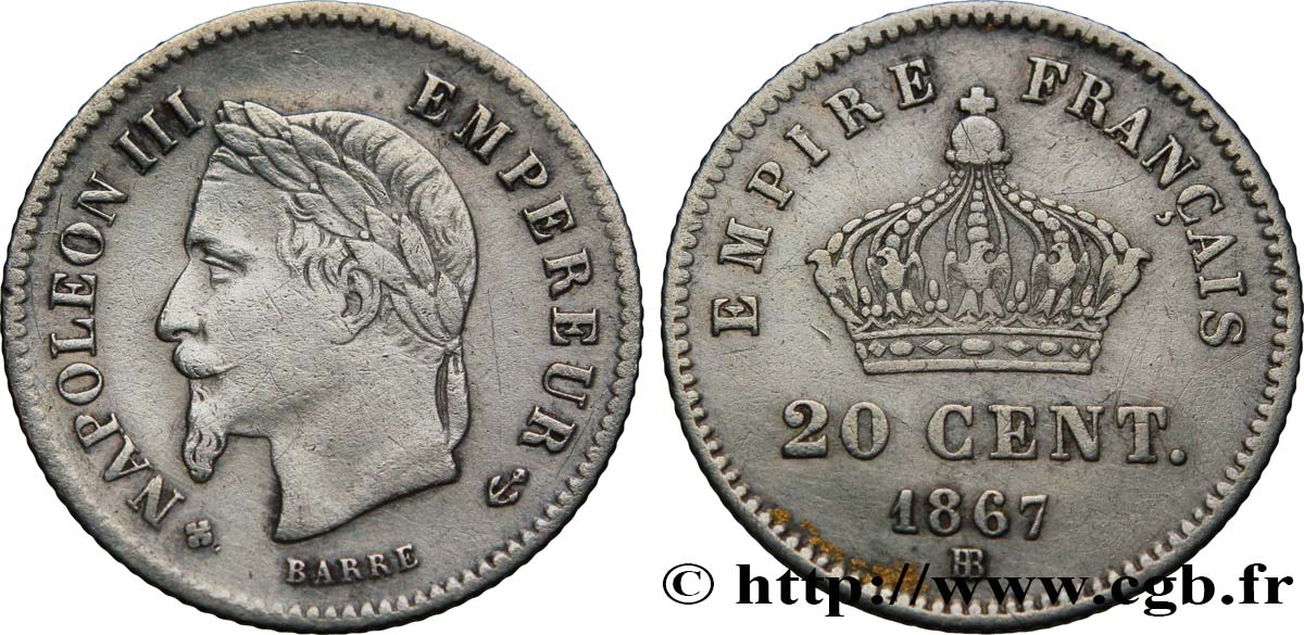 20 centimes Napoléon III, tête laurée, grand module 1867 Strasbourg F.150/2 MBC42 