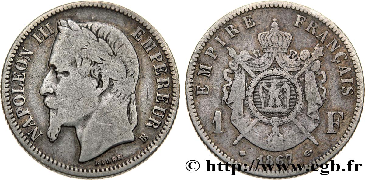 1 franc Napoléon III, tête laurée, grand BB 1867 Strasbourg F.215/8 TB20 