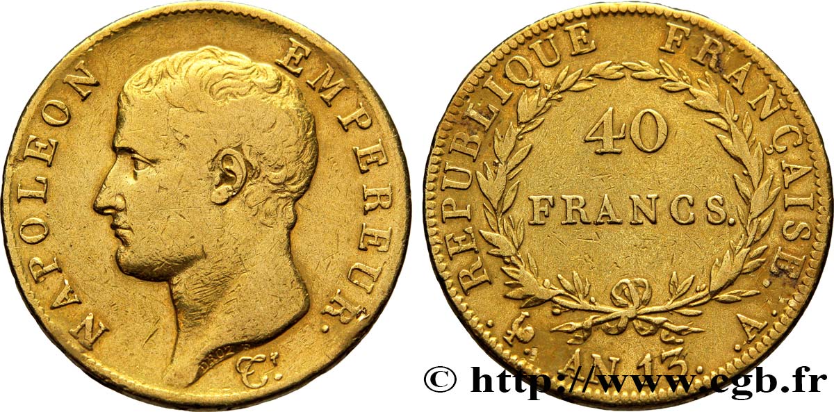 40 francs or Napoléon tête nue, Calendrier révolutionnaire 1805 Paris F.537/1 MBC40 