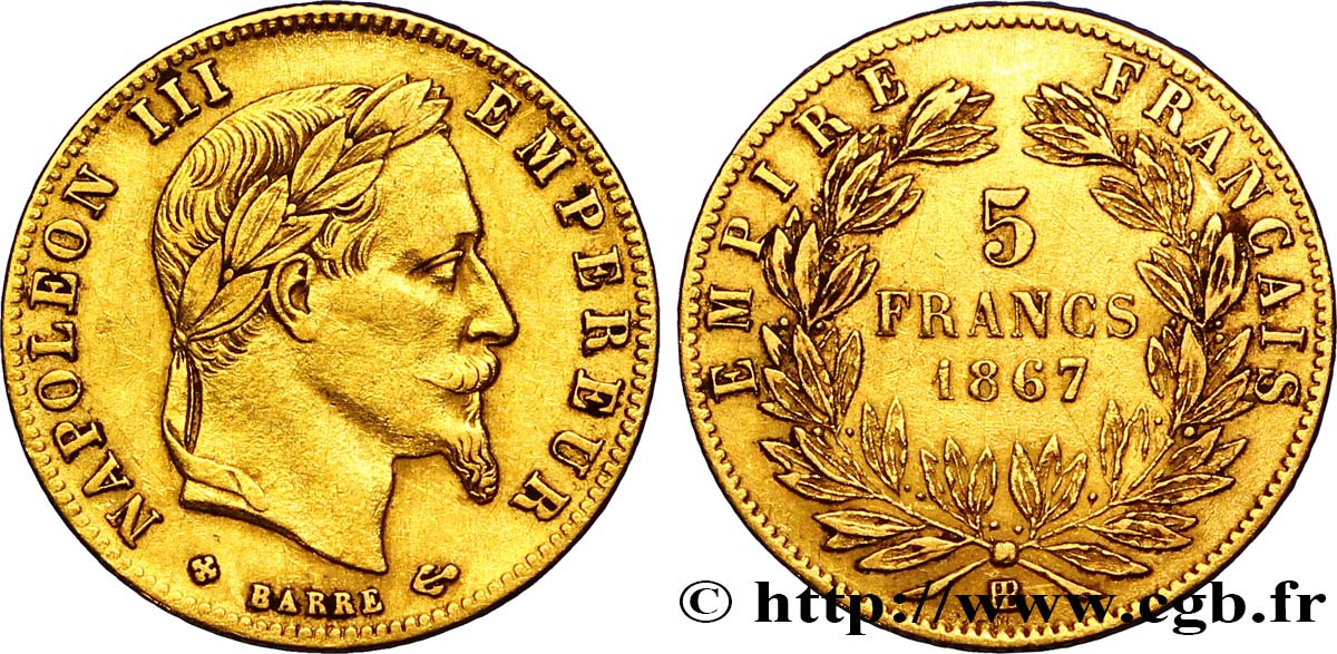 5 francs or Napoléon III, tête laurée 1867 Strasbourg F.502/12 SS45 