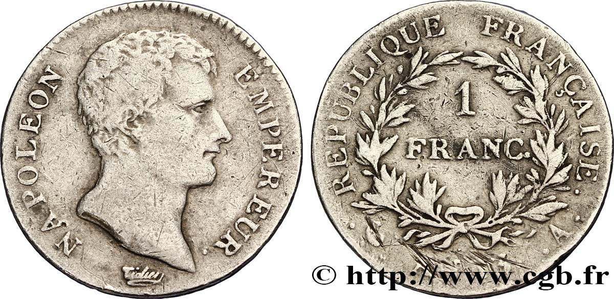 1 franc Napoléon Empereur, Calendrier révolutionnaire 1805 Paris F.201/14 TB20 