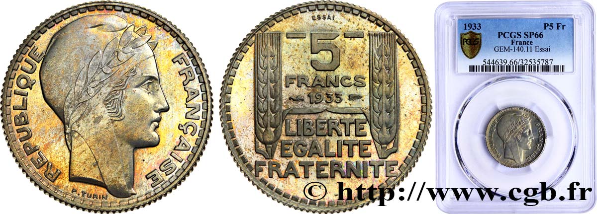 Concours de 5 francs, essai de Turin en bronze-nickel 1933 Paris GEM.140 11 MS66 PCGS