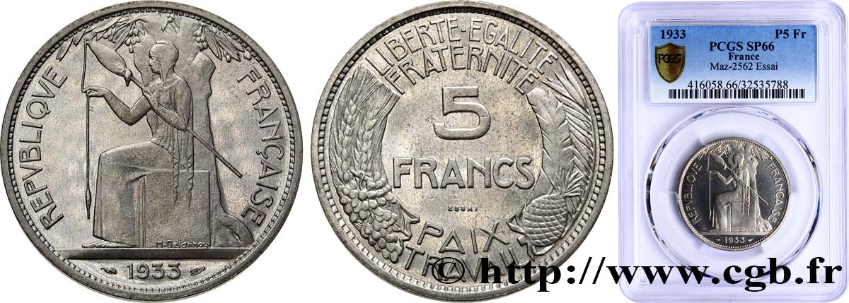 Concours de 5 francs, essai de Delannoy 1933 Paris GEM.136 1 MS66 PCGS