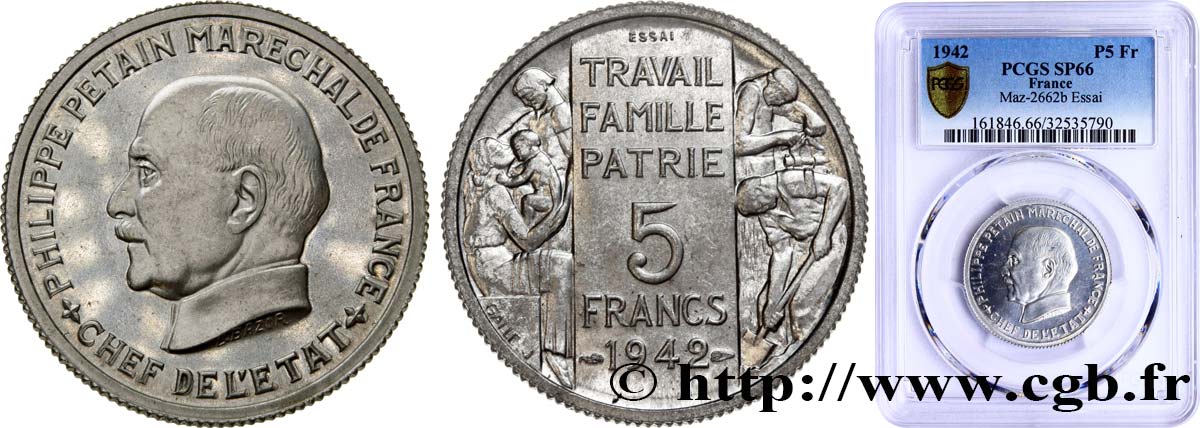 Essai grand module de 5 francs Pétain en aluminium par Bazor et Galle 1942 Paris GEM.143 3 FDC66 PCGS
