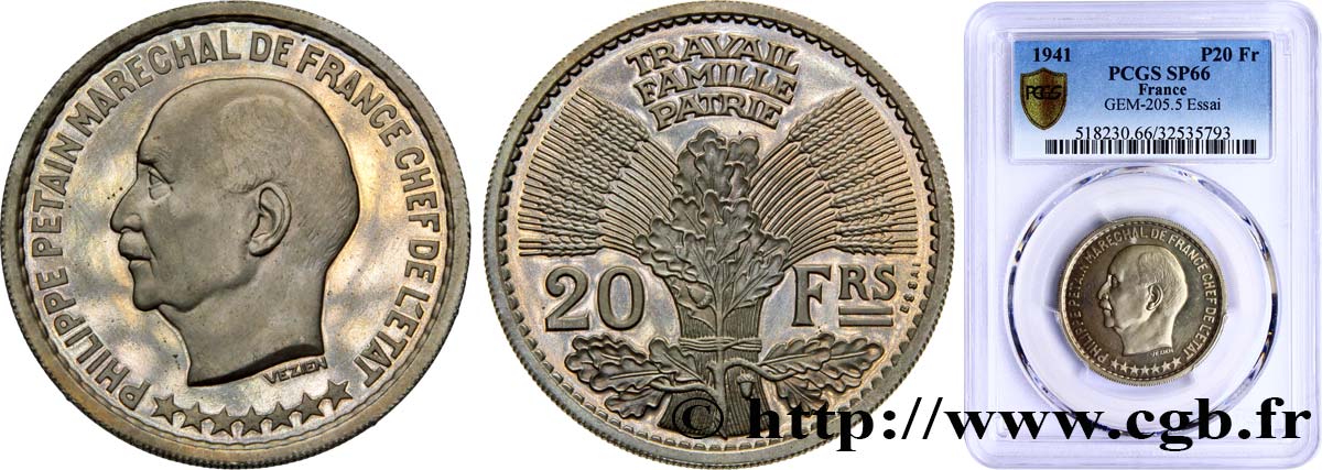 Essai hybride de 20 francs Pétain en bronze-nickel par Vézien / Cochet n.d. Paris GEM.205 5 MS66 PCGS