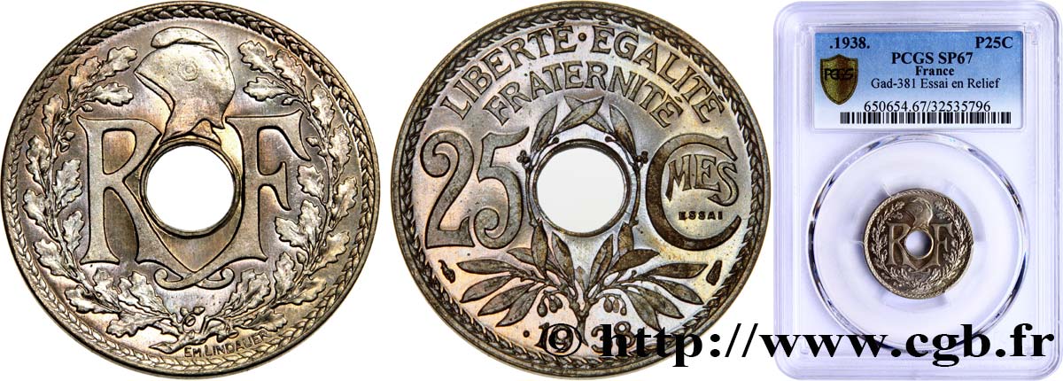 Essai de 25 centimes Lindauer, maillechort 1938 Paris F.172/1 MS67 PCGS