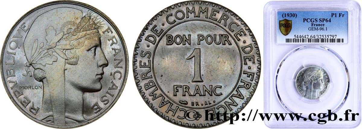 Essai de 1 franc hybride Morlon / Chambres de commerce en bronze-aluminium plaqué nickel n.d.  GEM.96 1 SPL64 PCGS