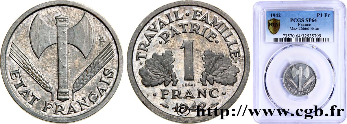 Essai de 1 franc Francisque, légère 1942 Paris F.223/1 MS64 PCGS