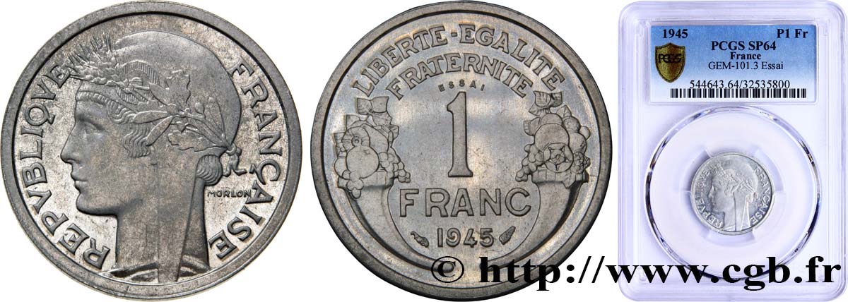 Essai de 1 franc Morlon, légère 1945 Paris F.221/5 MS64 PCGS