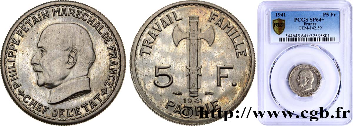Pré-série de 5 francs Pétain, légère 1941 Paris F.338/1 var. SC64 PCGS
