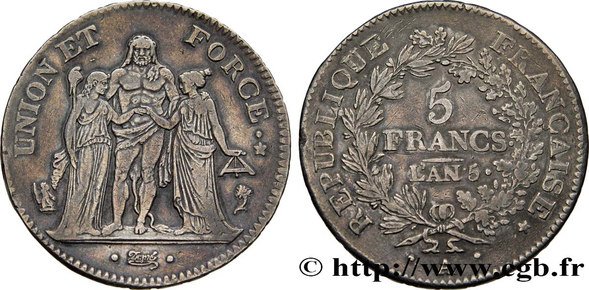 5 francs Union et Force, Union serré, avec glands intérieurs et gland extérieur 1797 Paris F.288/9 XF48 
