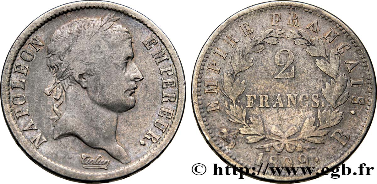 2 francs Napoléon Ier tête laurée, Empire français 1809 Rouen F.255/2 VF25 