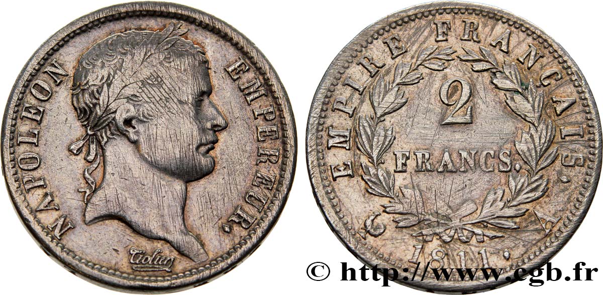 2 francs Napoléon Ier tête laurée, Empire français 1811 Paris F.255/24 TB+ 