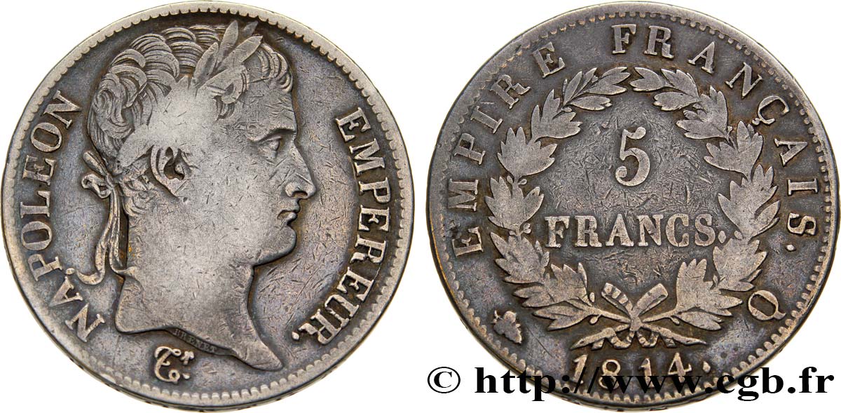 5 francs Napoléon Empereur, Empire français 1814 Perpignan F.307/84 TB30 