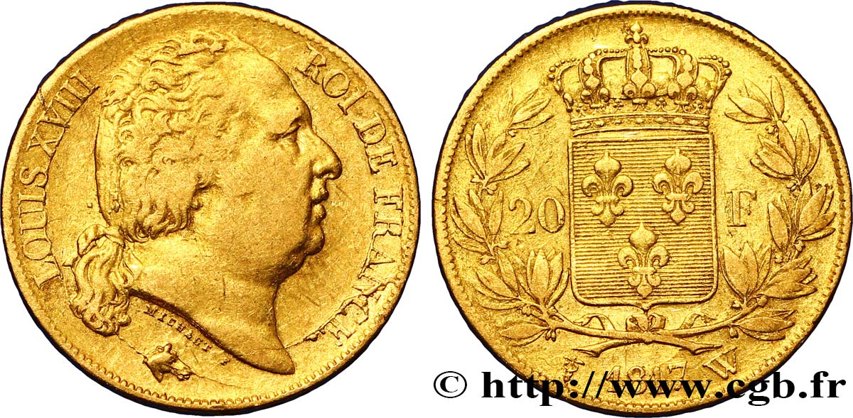 20 francs or Louis XVIII, tête nue 1817 Lille F.519/9 BB42 