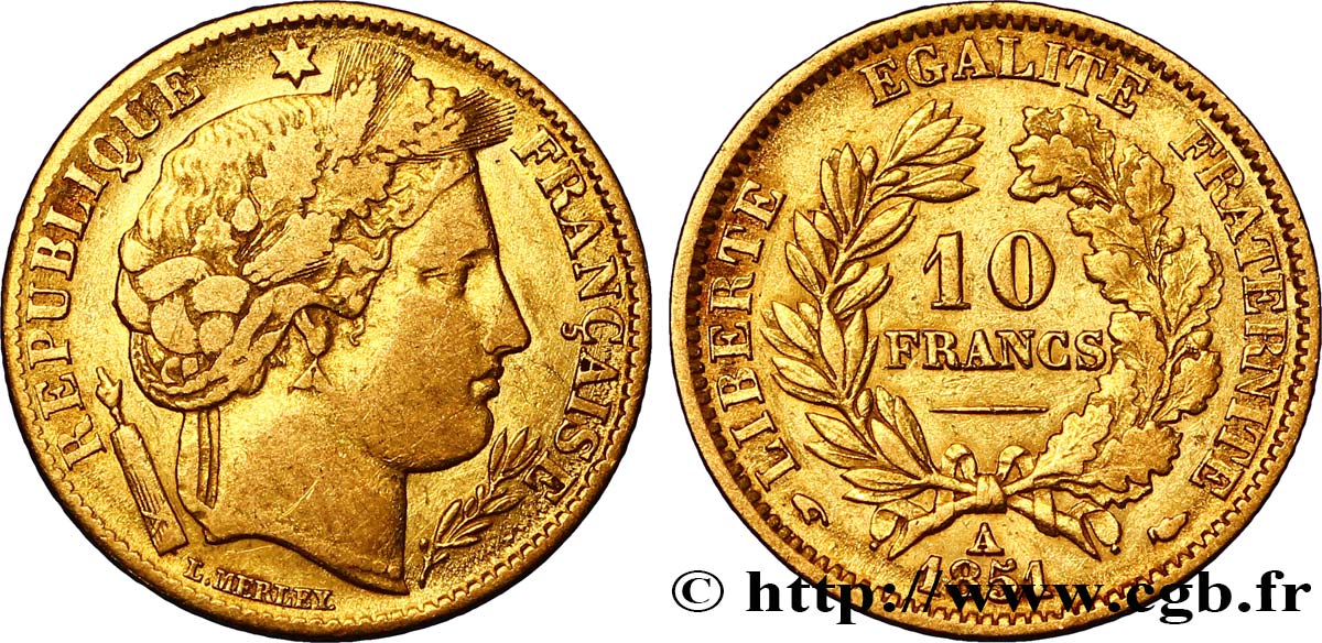 10 francs or Cérès, IIe République 1851 Paris F.504/3 S35 