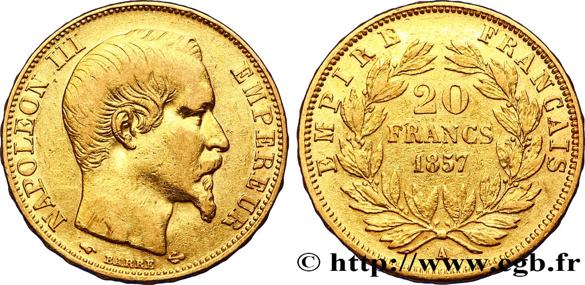 20 francs or Napoléon III, tête nue 1857 Paris F.531/12 SS42 