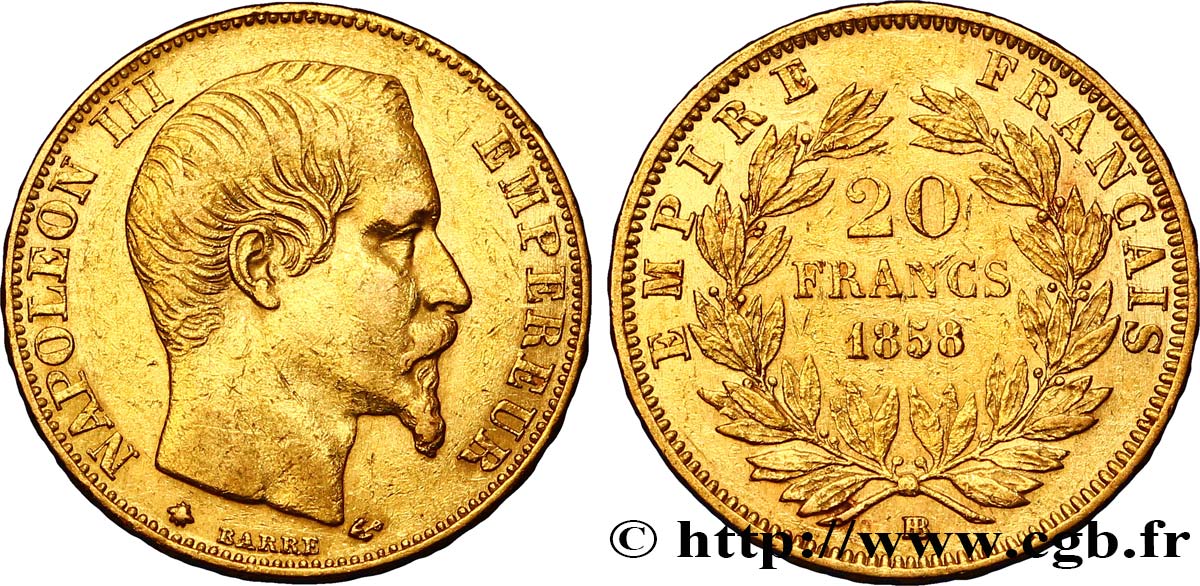 20 francs or Napoléon III, tête nue 1858 Strasbourg F.531/14 XF45 