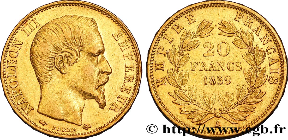 20 francs or Napoléon III, tête nue 1859 Paris F.531/15 SS45 