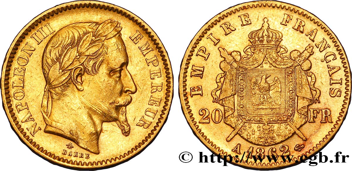 20 francs or Napoléon III, tête laurée, grand A 1862 Paris F.532/4 TTB45 