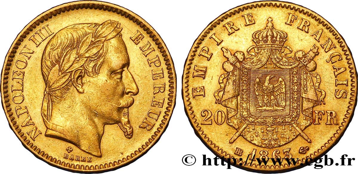 20 francs or Napoléon III, tête laurée 1863 Strasbourg F.532/7 SS48 