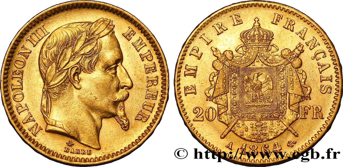 20 francs or Napoléon III, tête laurée 1864 Paris F.532/8 TTB50 