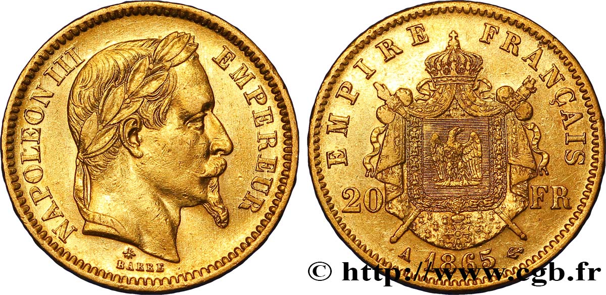 20 francs or Napoléon III, tête laurée 1865 Paris F.532/11 MBC45 