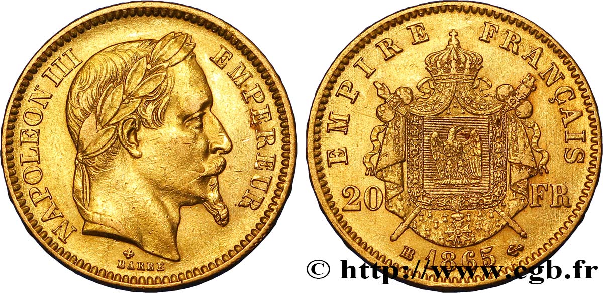 20 francs or Napoléon III, tête laurée 1865 Strasbourg F.532/12 SS48 